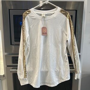 White Long Sleeve Top with Gold Sequin Accents